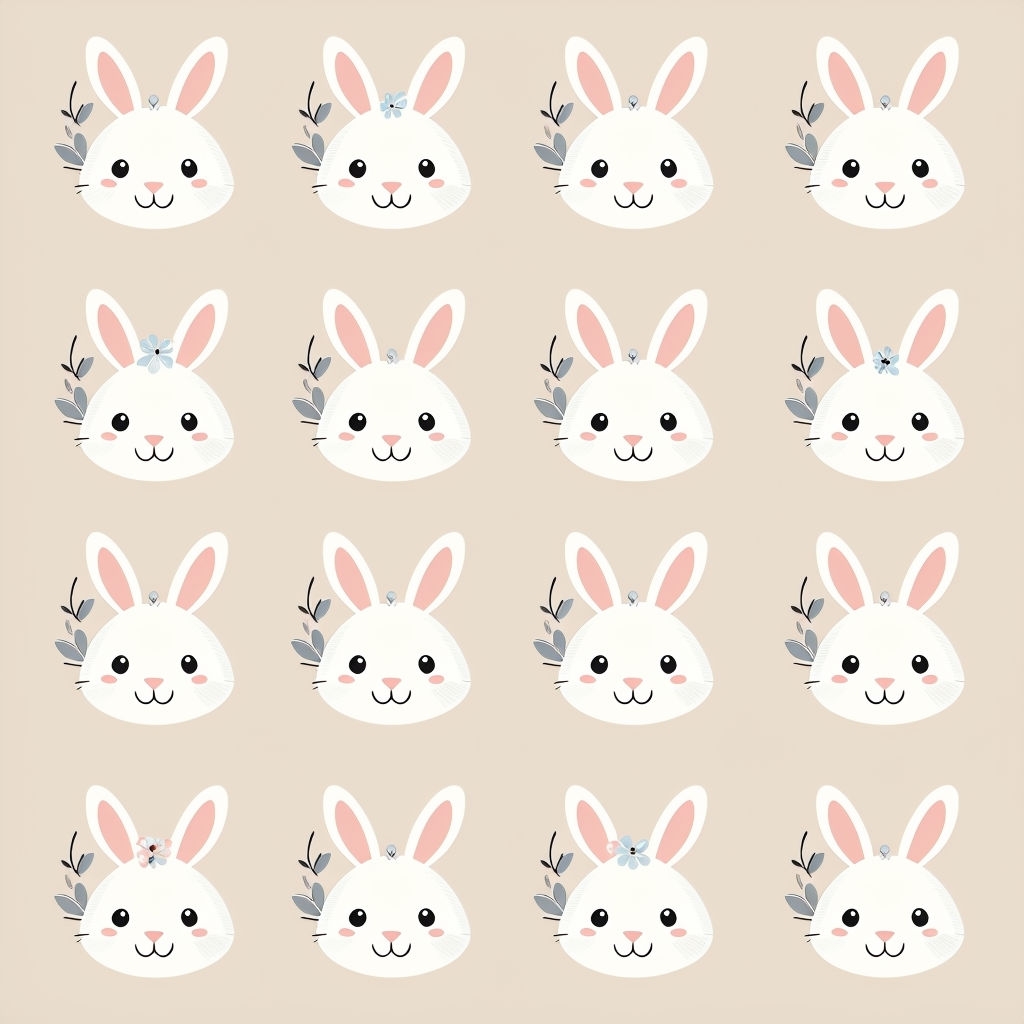 Whimsical White Bunny Faces Pattern with Floral Accessories Seamless Pattern