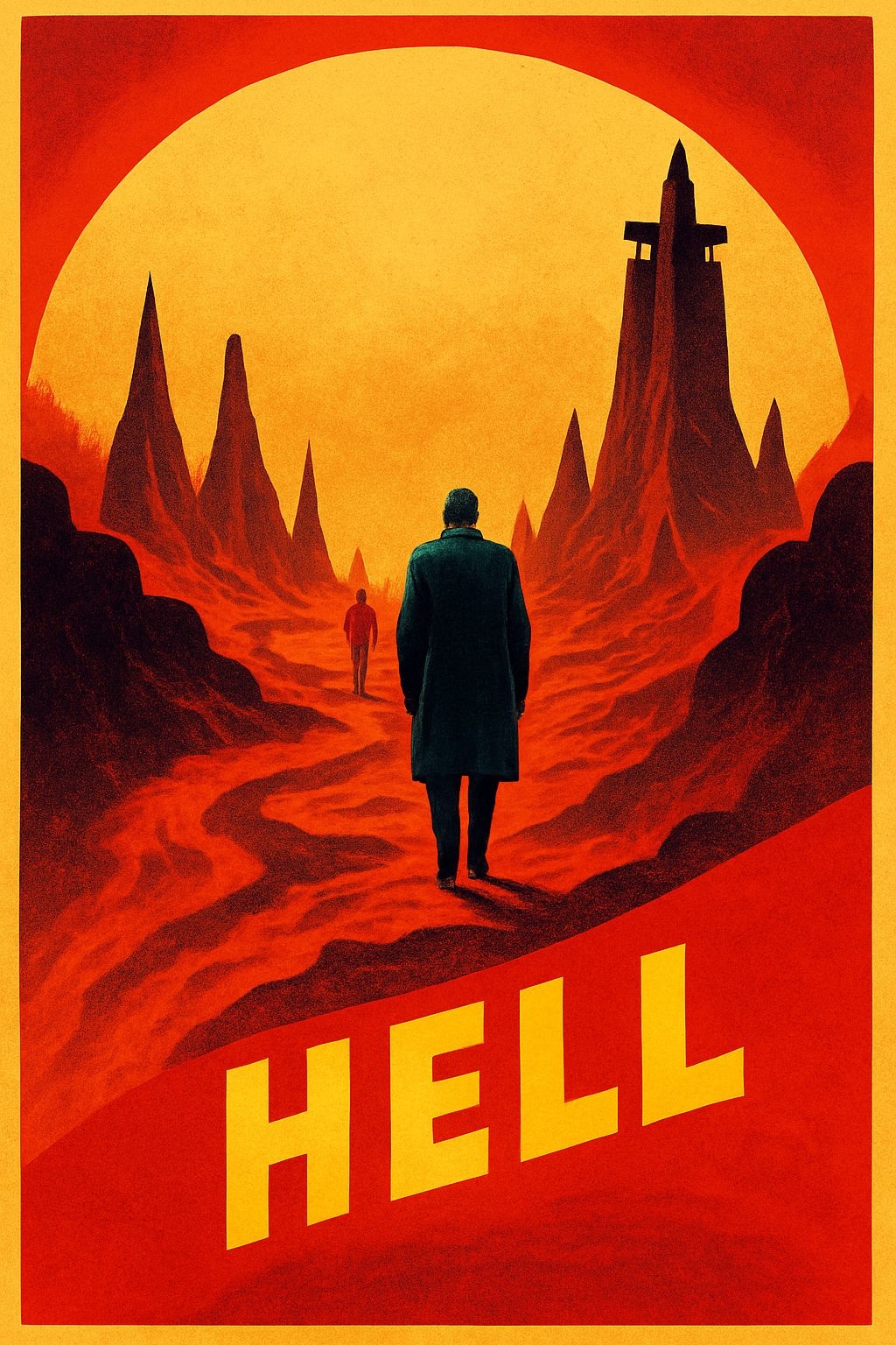 Ominous Surreal Desert Landscape with Bold 'HELL' Text Poster