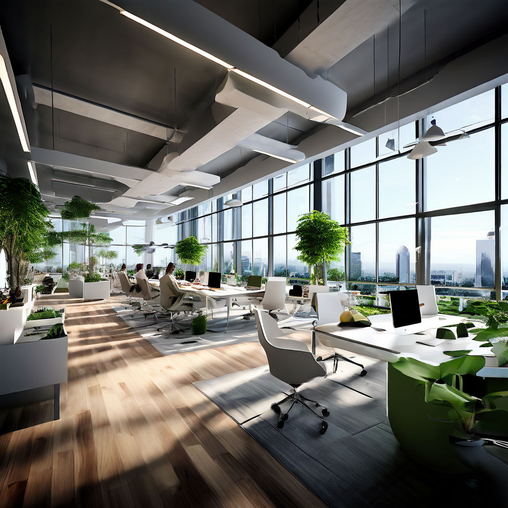 Open floor plan modern office brimming with activity by RICO