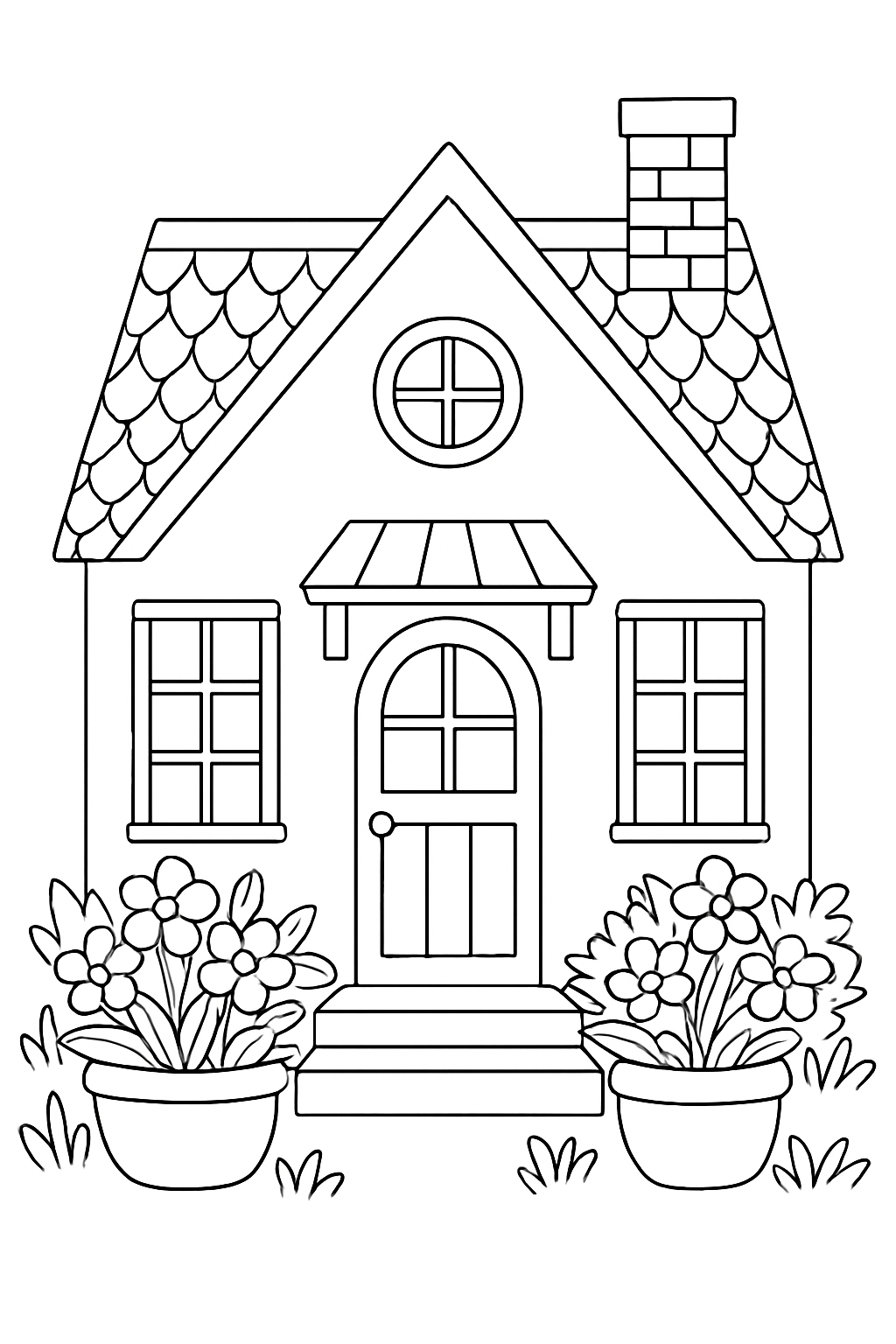 Charming Black and White Cottage Line Drawing for Coloring Book Pages
