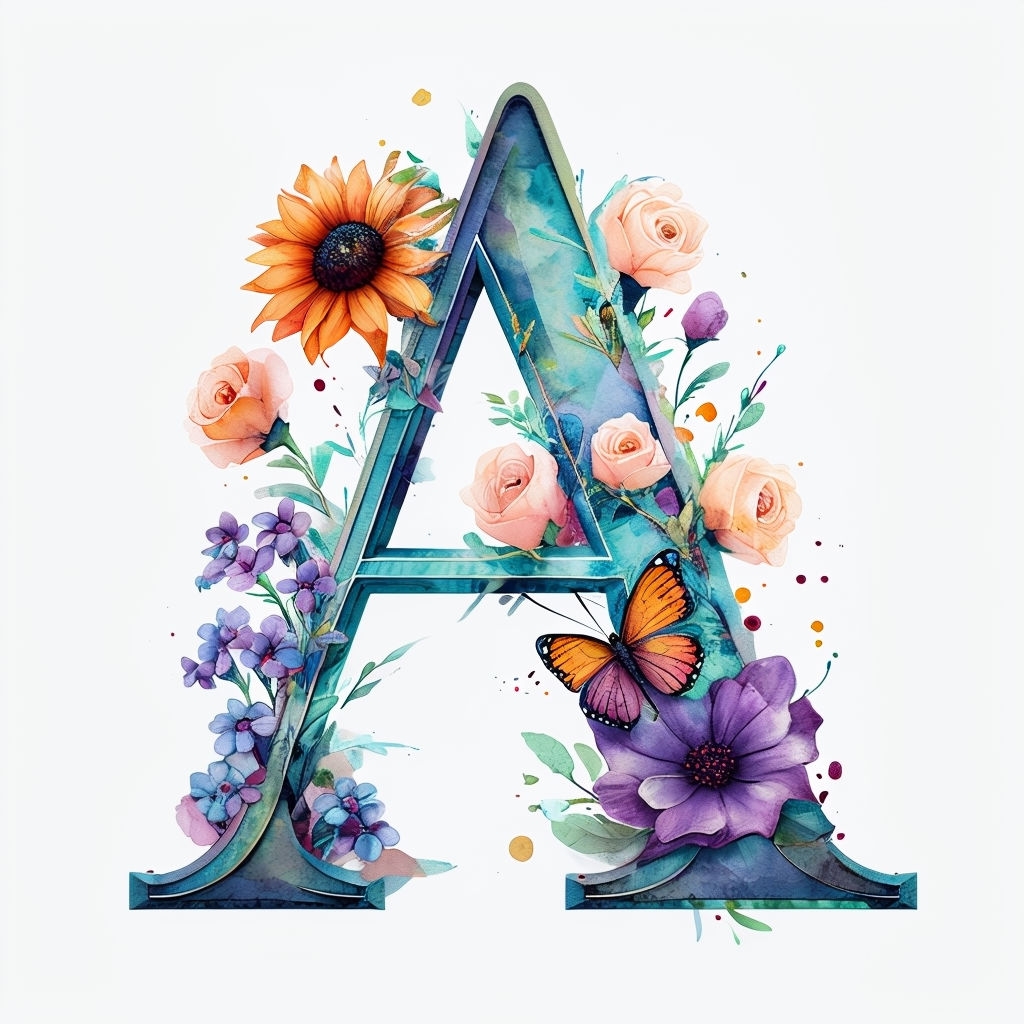 Floral Teal Letter A Monogram with Butterflies and Flowers