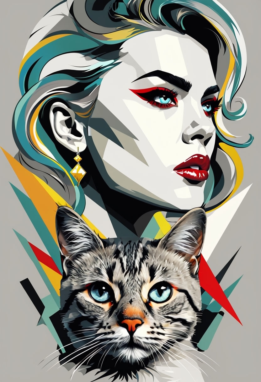 Geometric Modern Woman and Cat Abstract Digital Art Poster