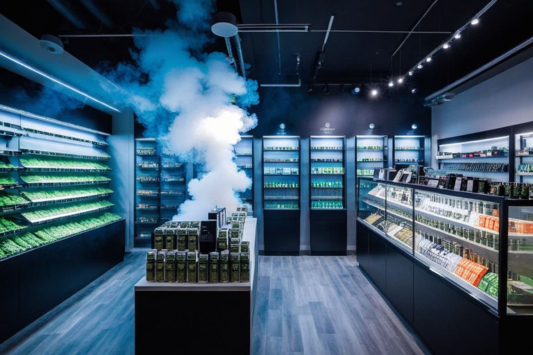 cannabis and vapes to buy inside a e-cigarette shop in switzerland with smoke