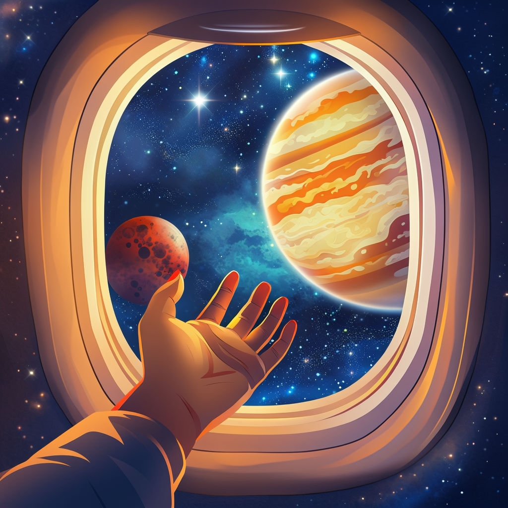 Astronaut Hand Reaching for Cosmic Wonder Through Airplane Window Art