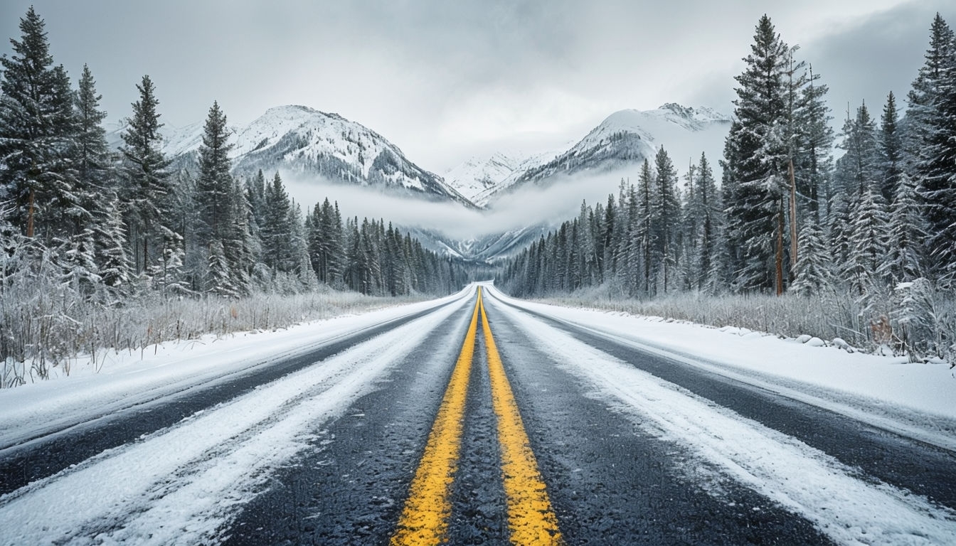 Serene Winter Road Through Snowy Forest and Mountain Landscape Background