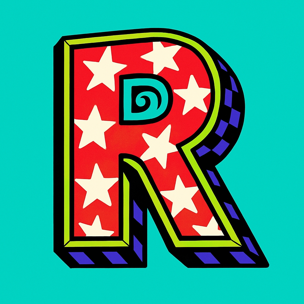 Vibrant Red Letter R Monogram with Stars and Spirals Design Monogram