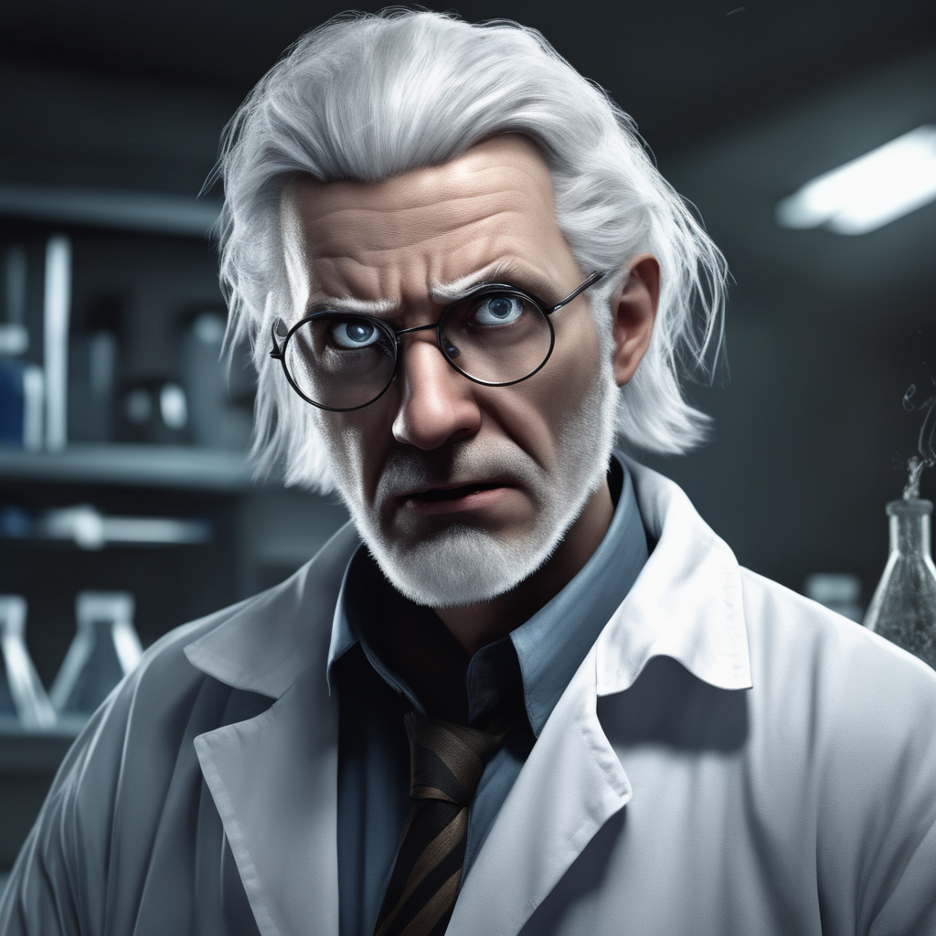 Photo realistic. dark and gritty. white haired scientist wit... by ...