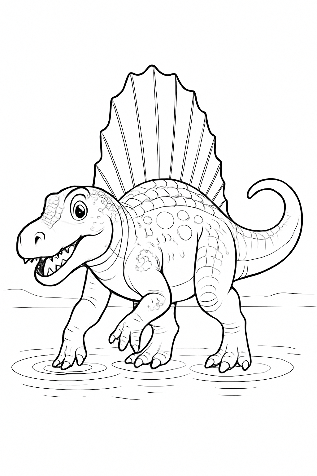 Whimsical Cartoon Spinosaurus Dinosaur Line Art Coloring Page