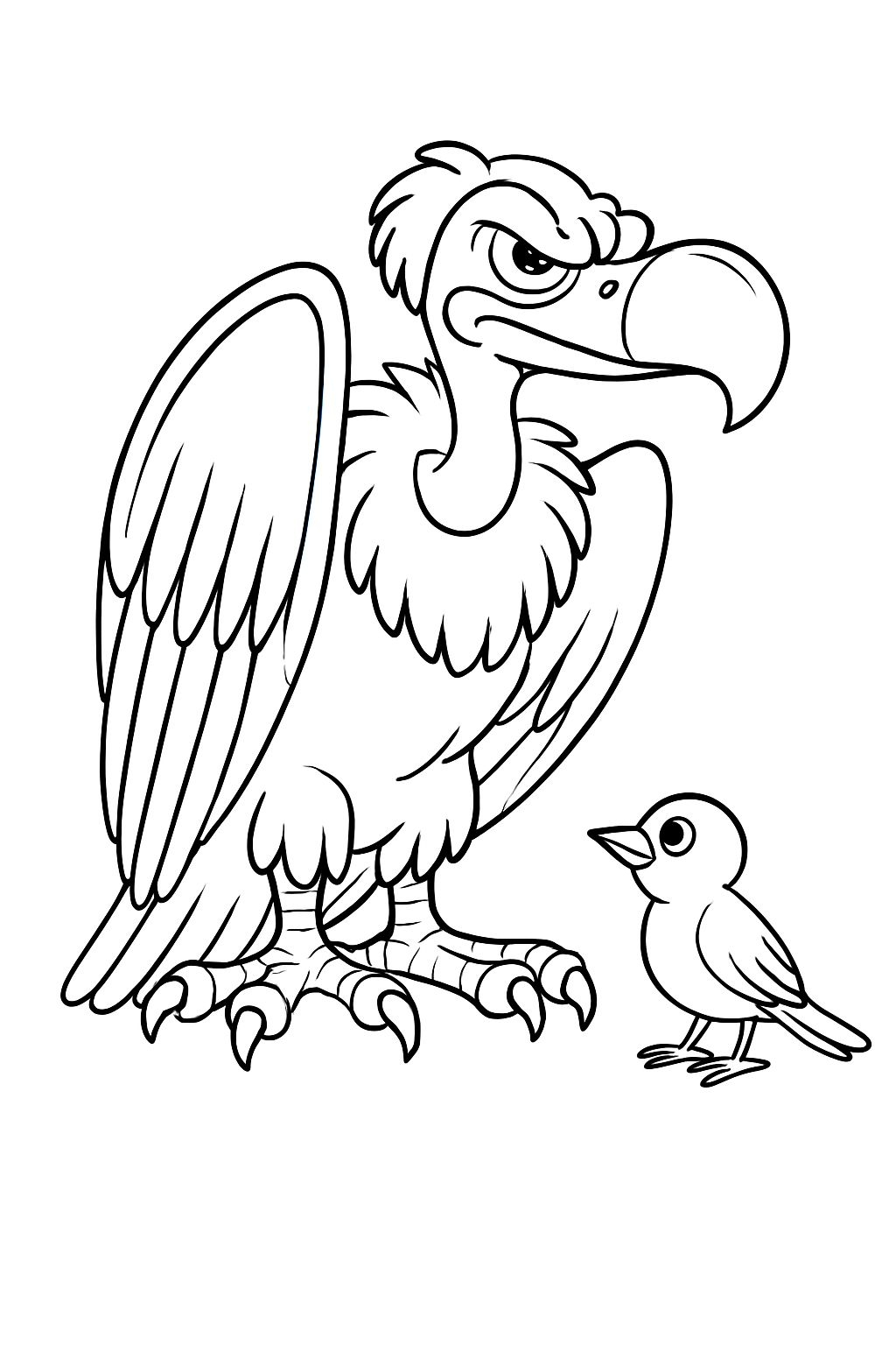 Cartoon Vulture and Charming Bird Characters Coloring Page
