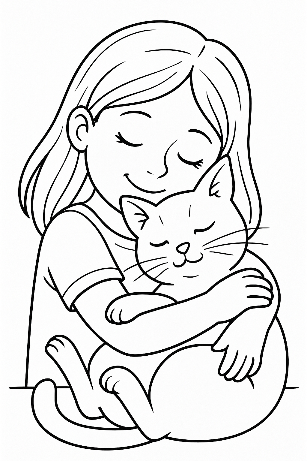 Young Girl and Cat Embracing Heartwarming Scene Coloring Book Page