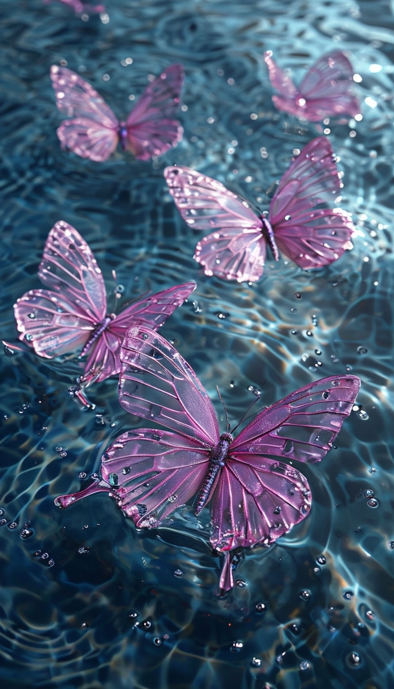 Translucent Pink Butterflies on Reflective Blue Water Mobile Wallpaper