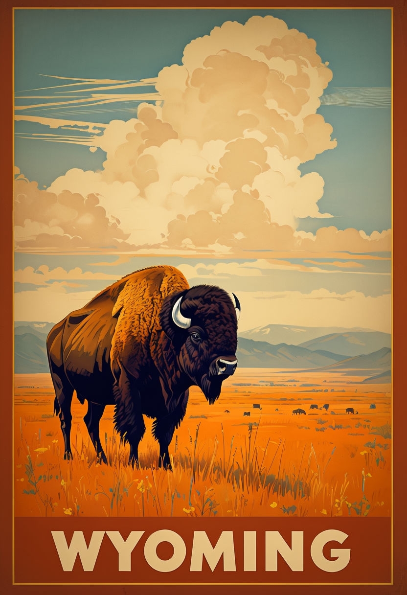 Vintage Wyoming Bison Travel Poster with Scenic Landscape