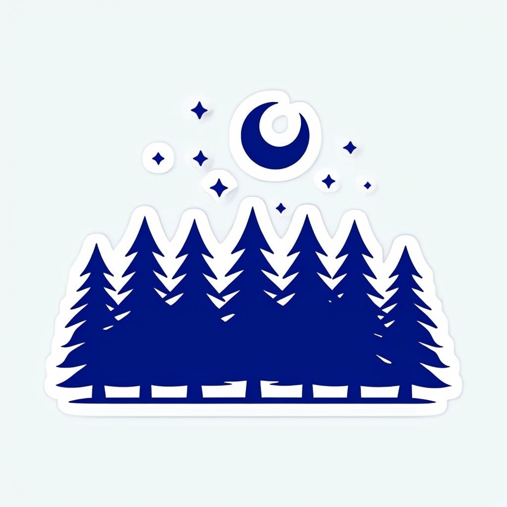 Stylized Cartoon Pine Forest Under Crescent Moon Sticker