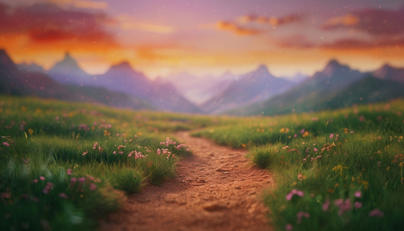 Serene Mountain Meadow at Sunset Virtual Background for Relaxation