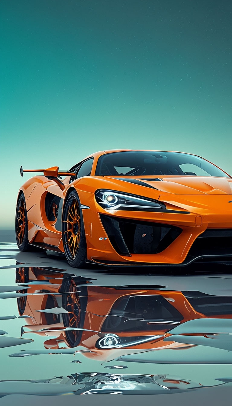 Vivid Orange Sports Car Digital Artwork with Reflections Mobile Wallpaper