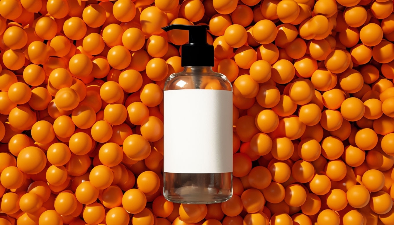 Vibrant Orange Spheres Around Clear Glass Bottle Mockup