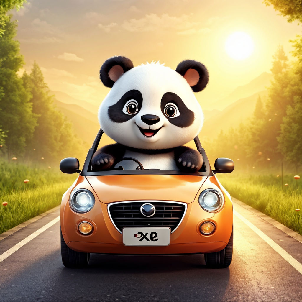 Draw a cute panda character driving a car. The panda should ... by ...
