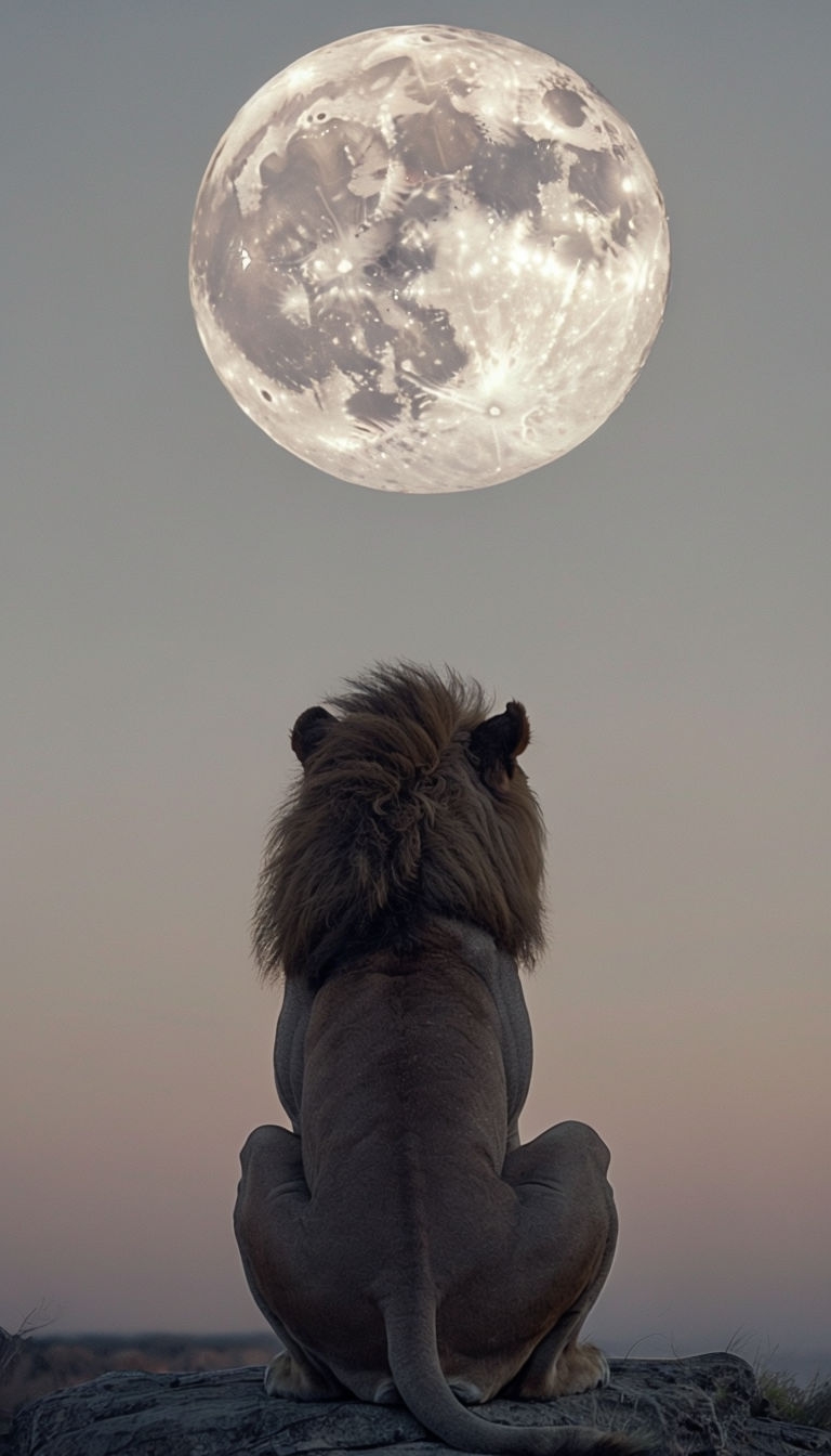 Majestic Lion Silhouette Under Luminous Full Moon Wallpaper