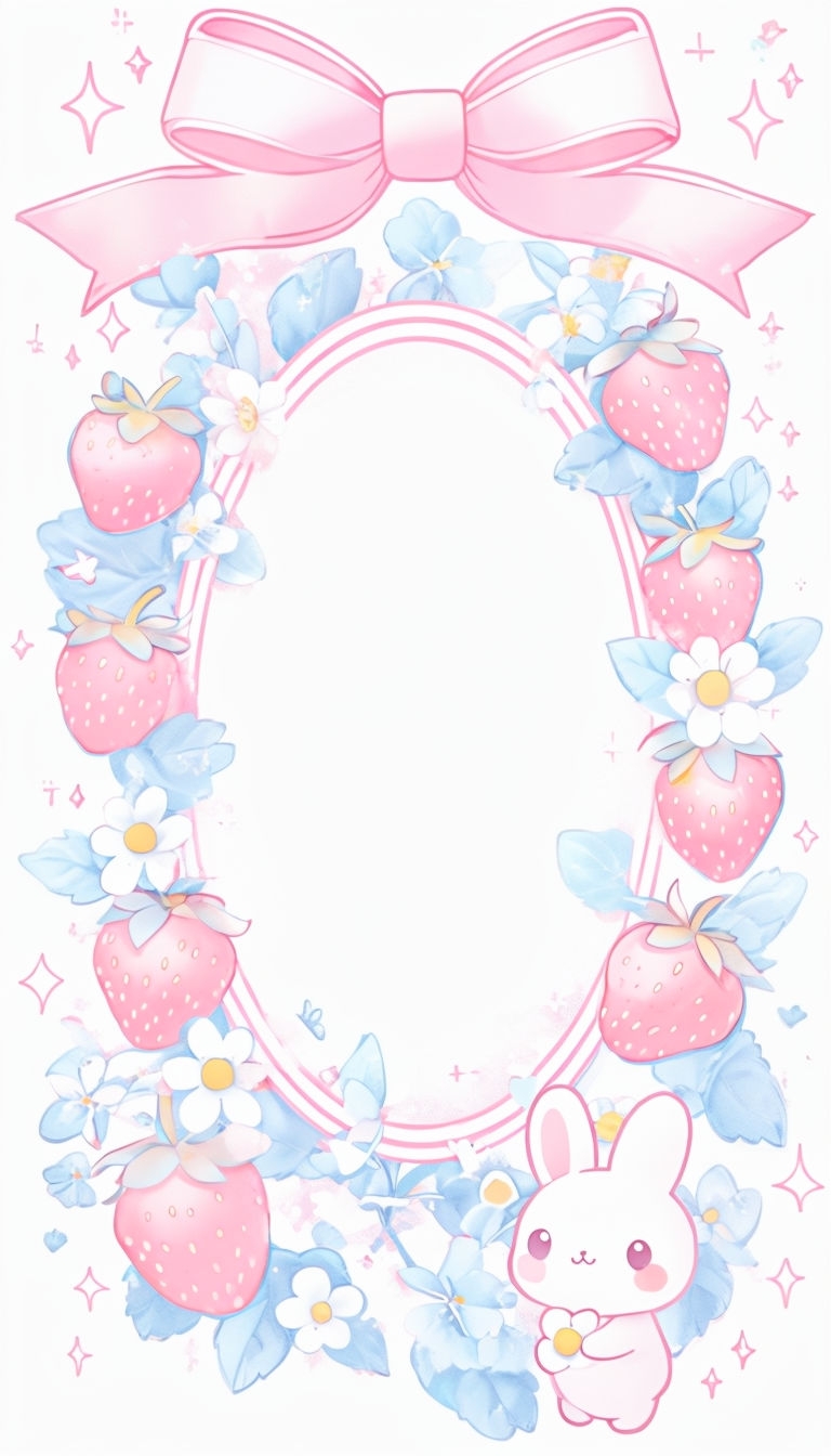 Kawaii Strawberry Frame with Cute Bunny and Ribbon Bow Social Media Post