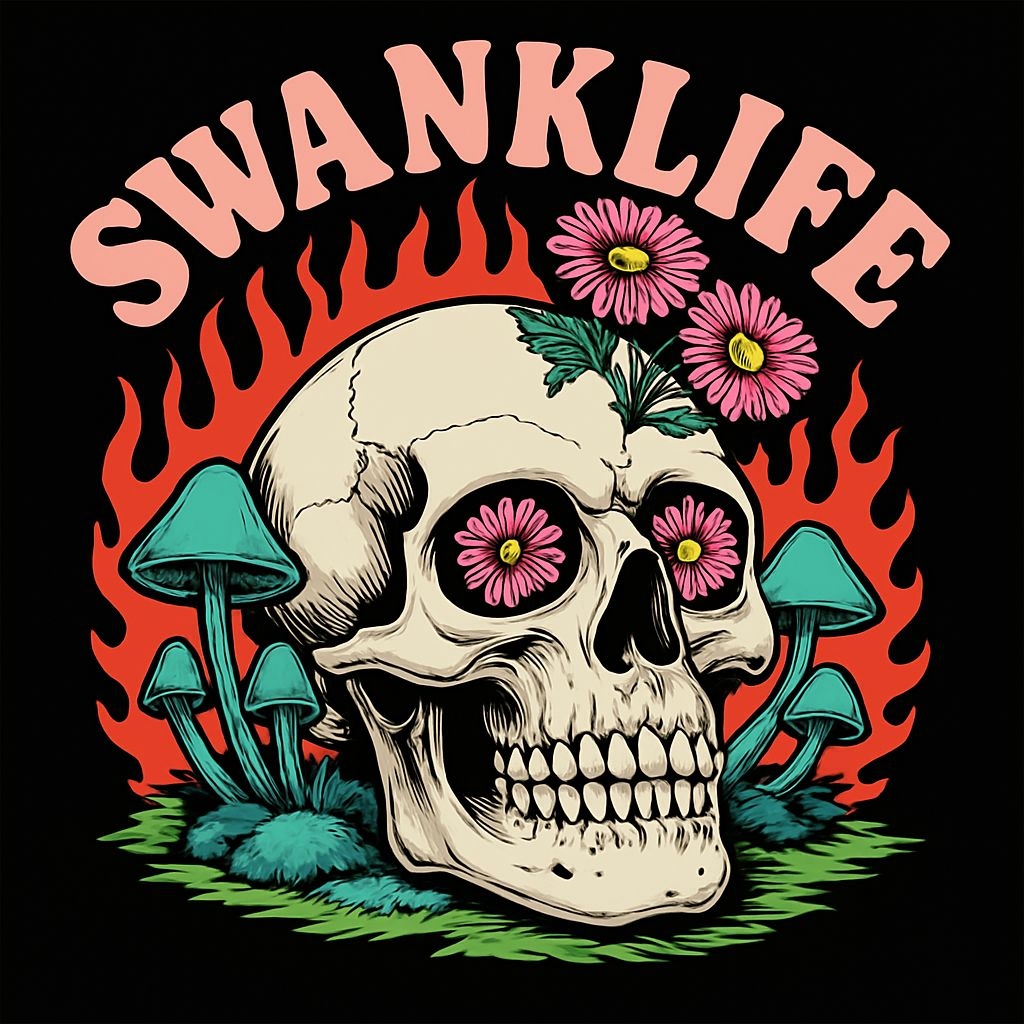 Surreal Vintage Tattoo Skull with Daisies and Mushrooms T-shirt