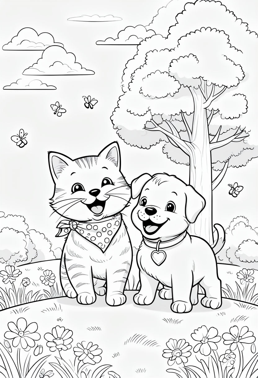 Cheerful Cartoon Tabby Cat and Puppy Friendship Coloring Page