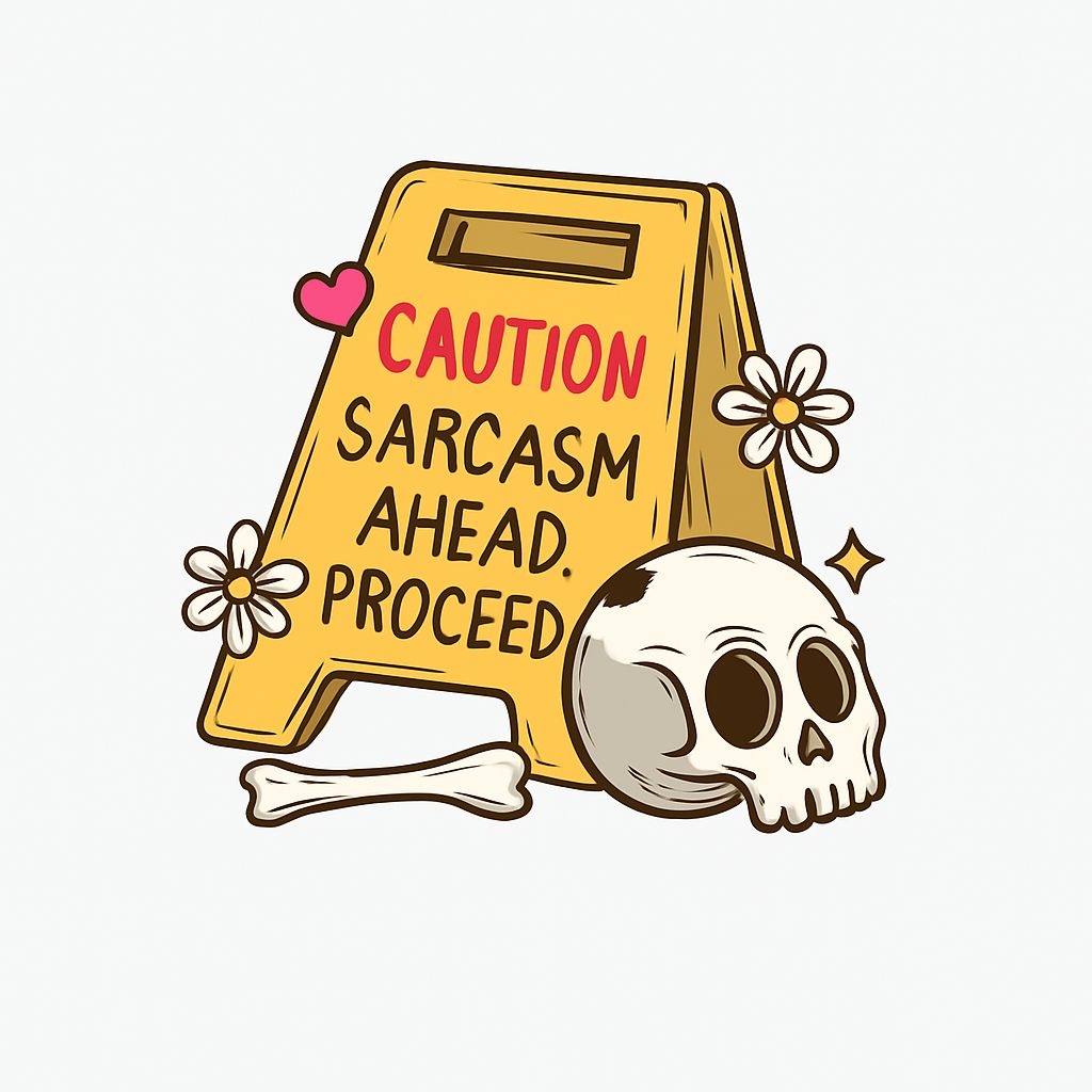 Playful Caution Sign with Sarcastic Skull and Flowers Sticker