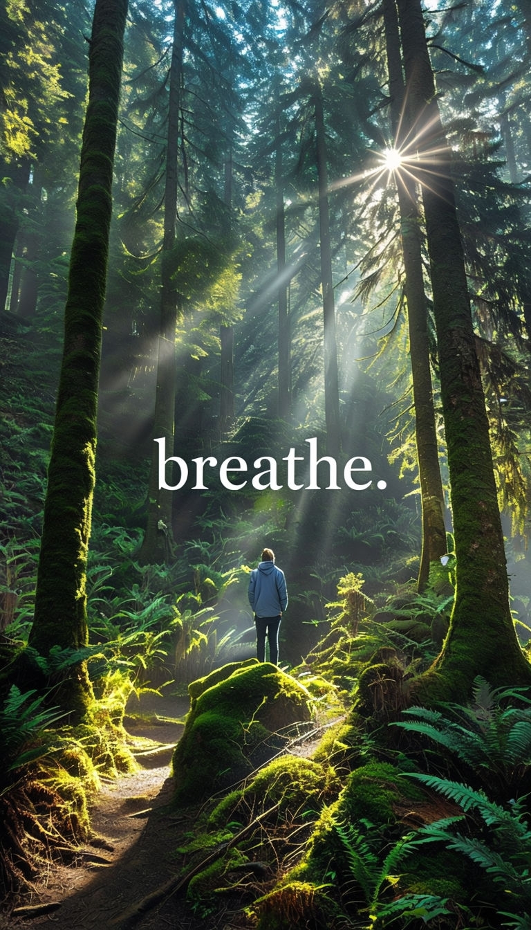 Serene Forest Scene with 'Breathe' Inspirational Quote Mobile Wallpaper