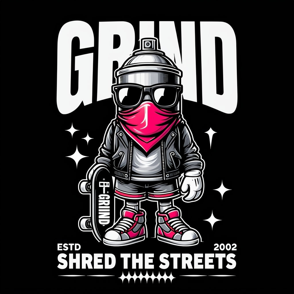 Punk Rock Spray Paint Can Character with Skateboard T-Shirt