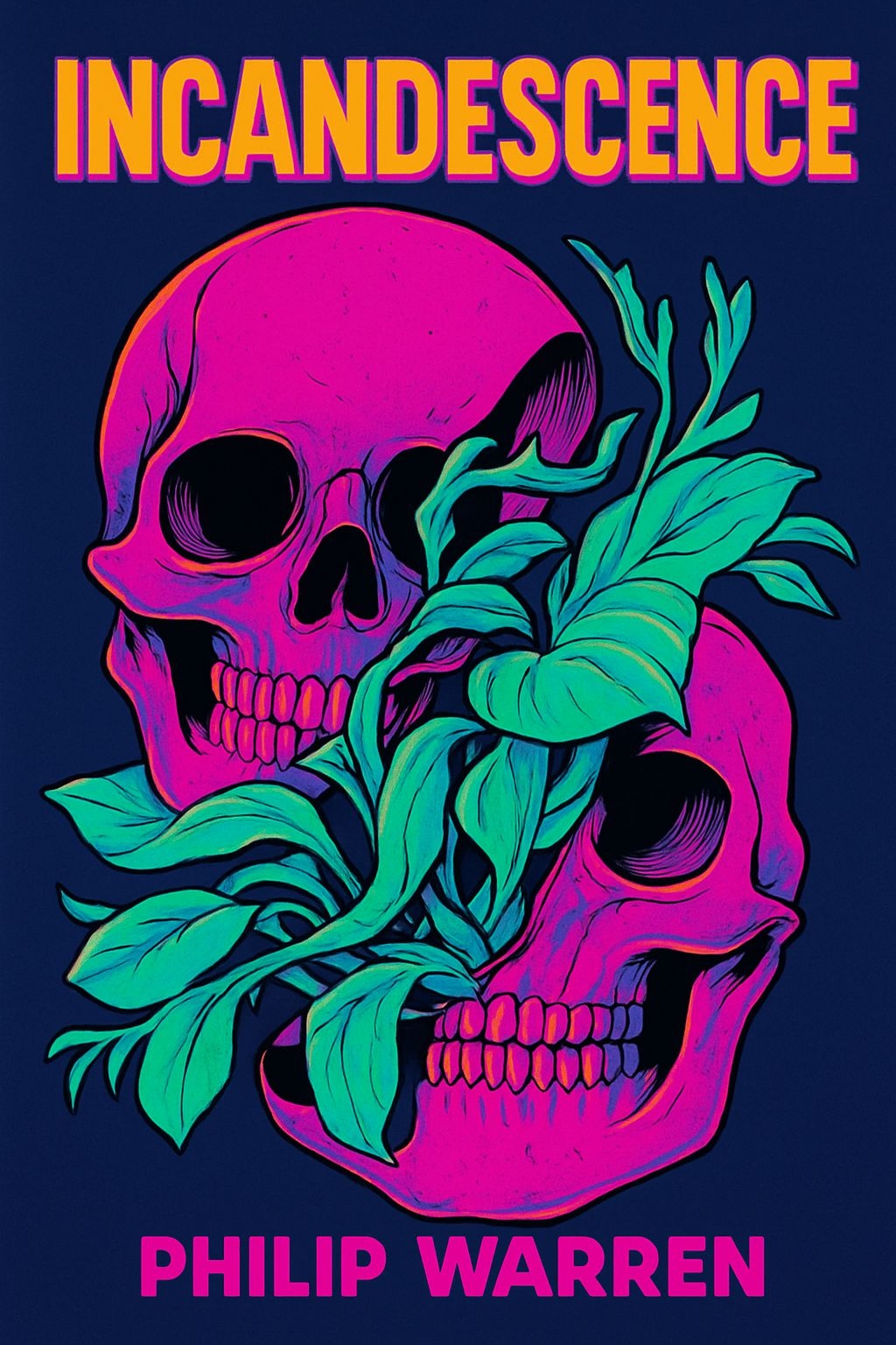 Psychedelic Neon Skull Poster with Intricate Leaf Design EBook Cover