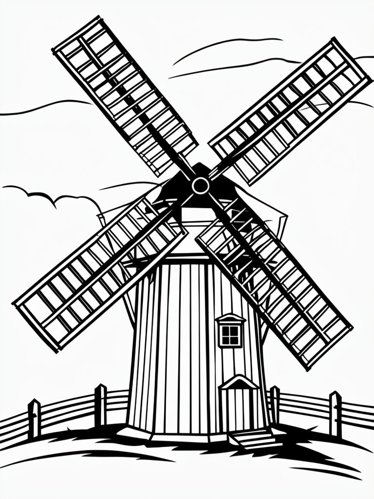 Black and White Traditional Windmill Line Drawing Coloring Book Page