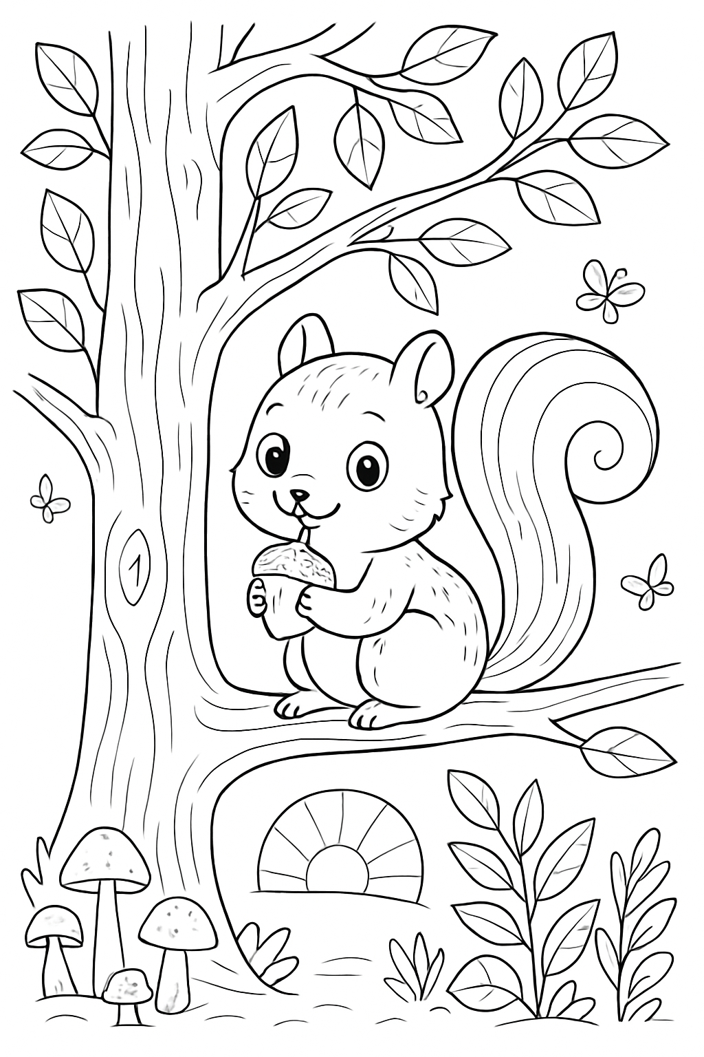 Cheerful Cartoon Squirrel Enjoying Acorn on a Tree Branch Coloring Book Page