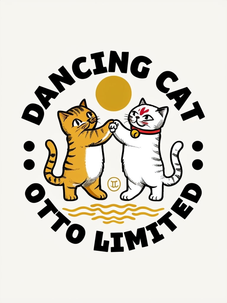 Playful Dancing Cats Illustration with Sun and Bold Text T-Shirt
