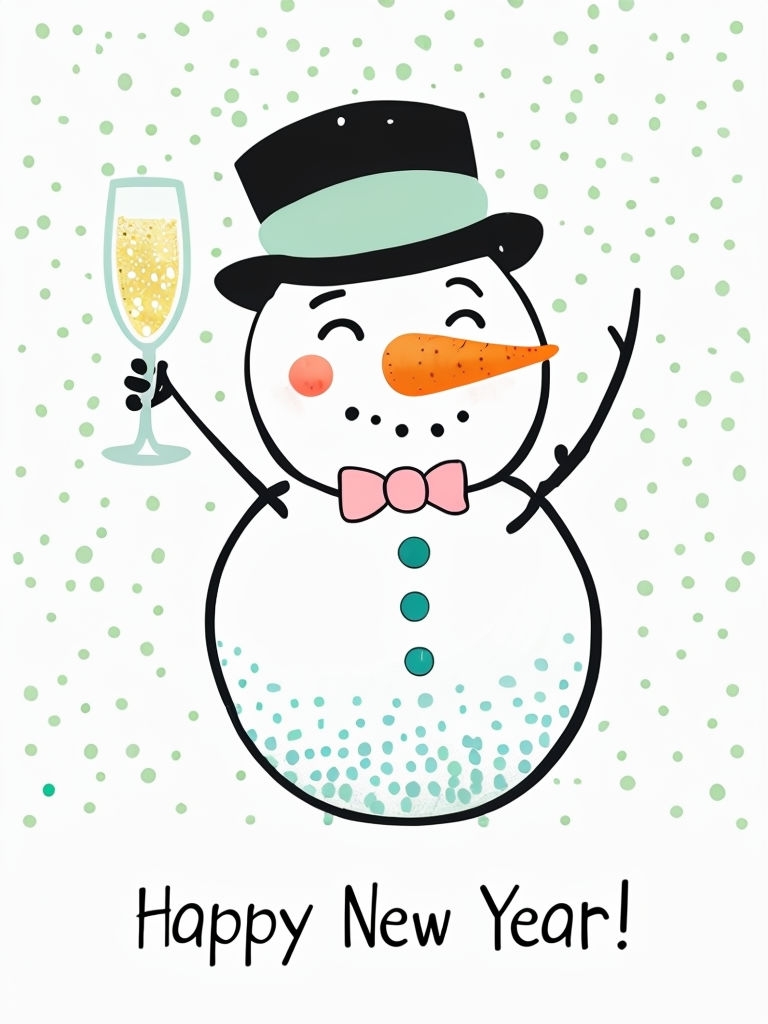 Cheerful Cartoon Snowman with Champagne for Happy New Year Card