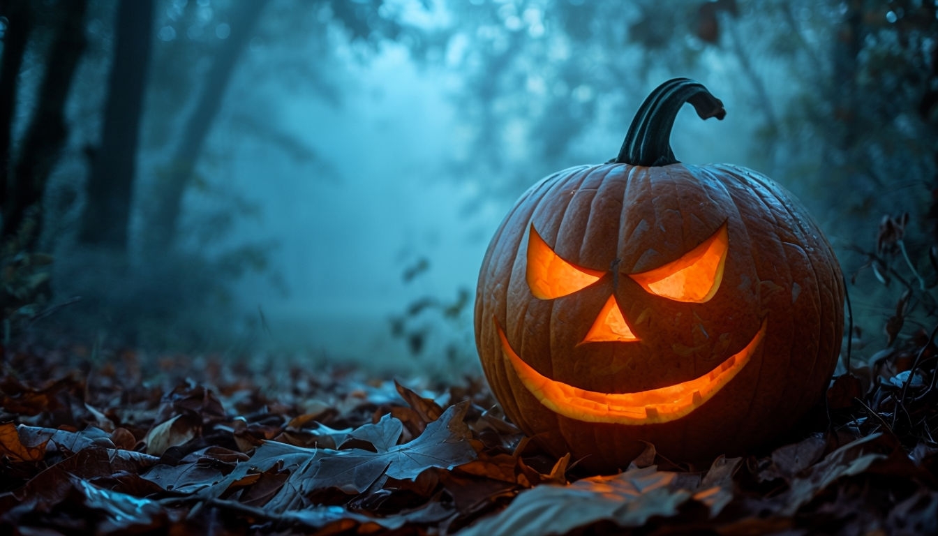 Eerie Glowing Jack-O'-Lantern in Misty Forest Photograph for Halloween Poster