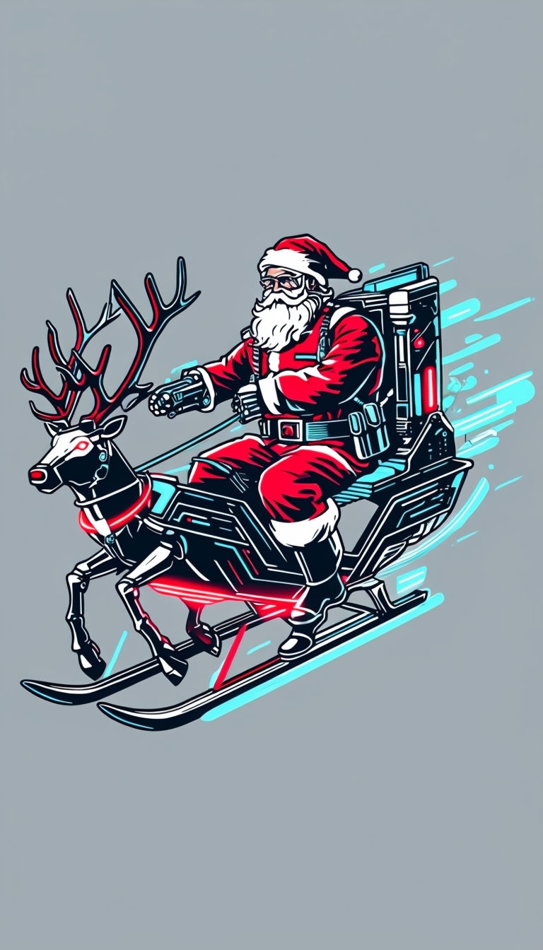 Cyberpunk Santa Claus in Futuristic Sleigh Art Poster