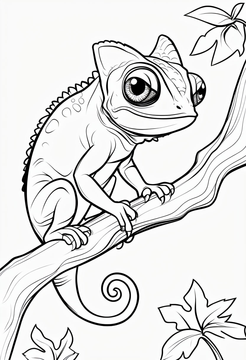 Curious Chameleon Perched on Branch Line Art Coloring Book Pages