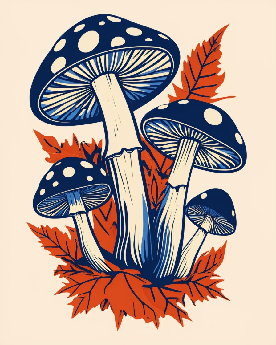 Whimsical Navy Blue Mushrooms with Burnt Orange Leaves Poster