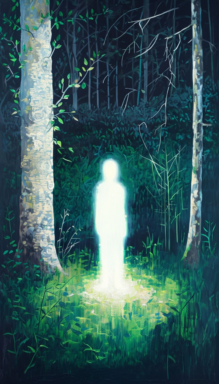 Ethereal Glowing Figure in Mysterious Forest Scene Mobile Wallpaper