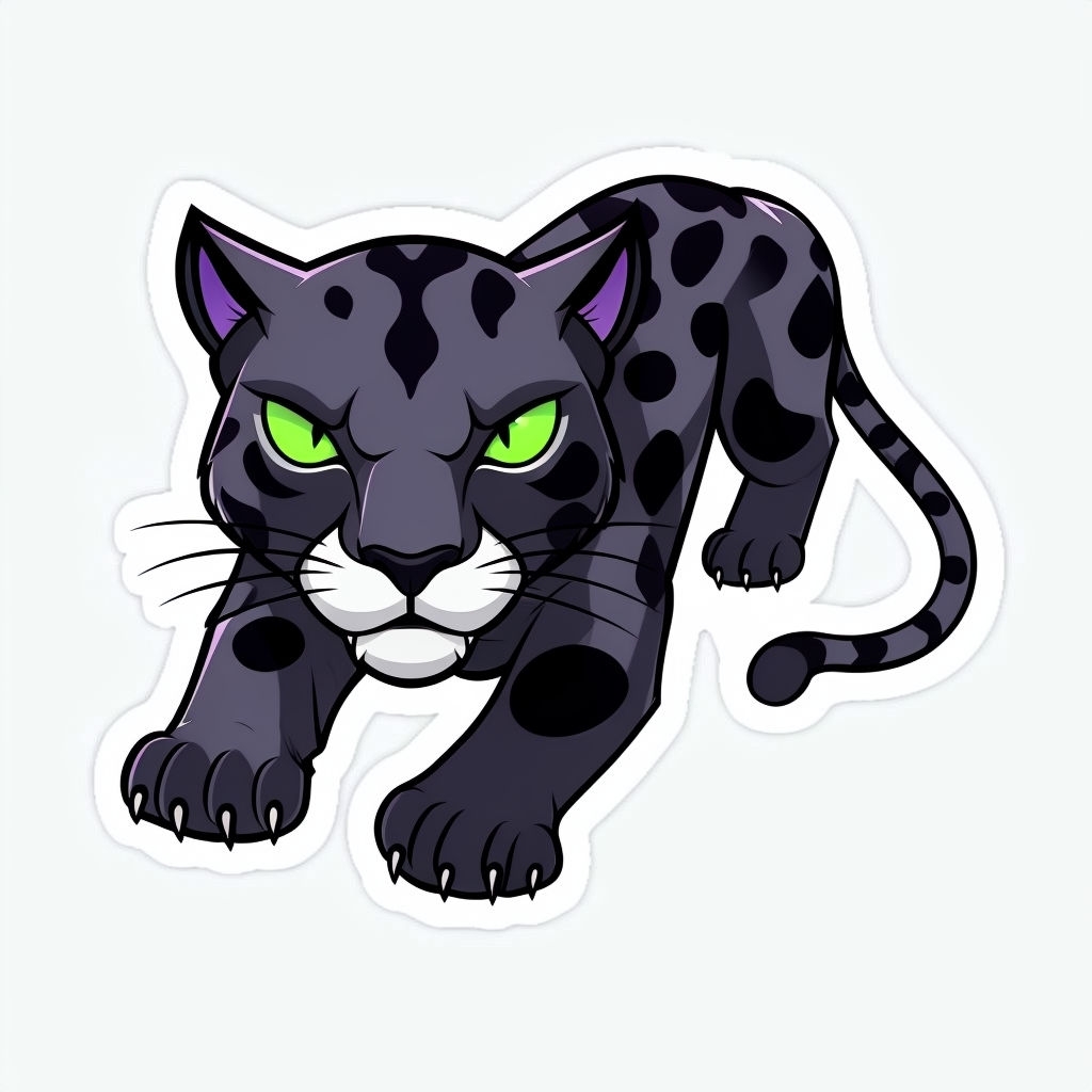 Intense Black Panther Cartoon Sticker with Neon Green Eyes