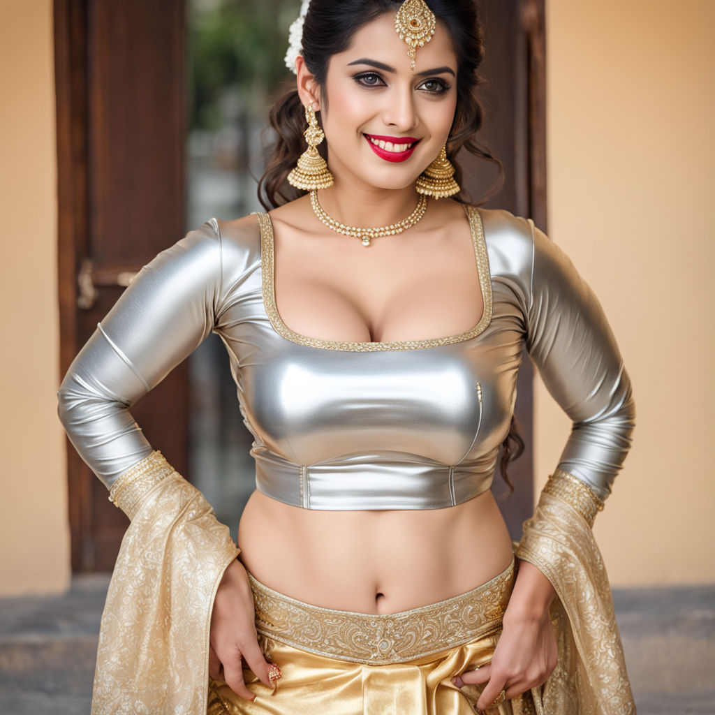 A full body image of full body high heels beautiful gorgeous big huge chest  black hair indian milf granny 50 year busty fatty curvy milf indian in a  form-hugging gold silver toned