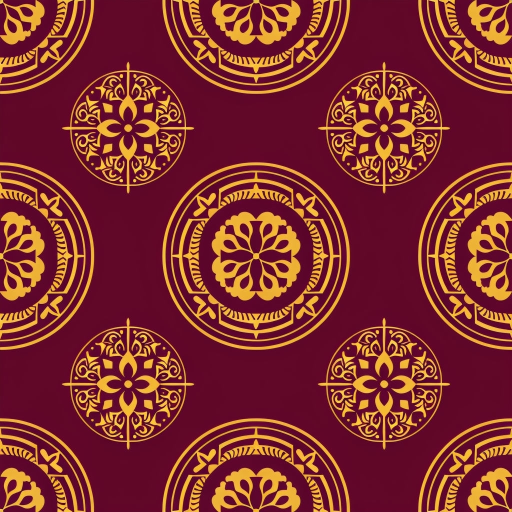 Elegant Golden Yellow Floral Motif Pattern on Burgundy Background Seamless Pattern