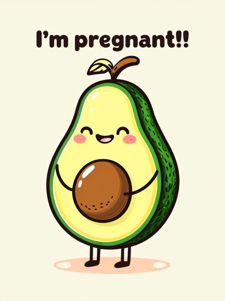 Cute Cartoon Pregnant Avocado with Whimsical Expression Art