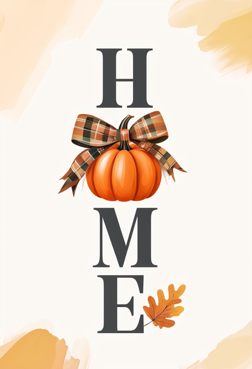 Cozy Farmhouse Autumn "HOME" Print with Pumpkin and Leaves Poster