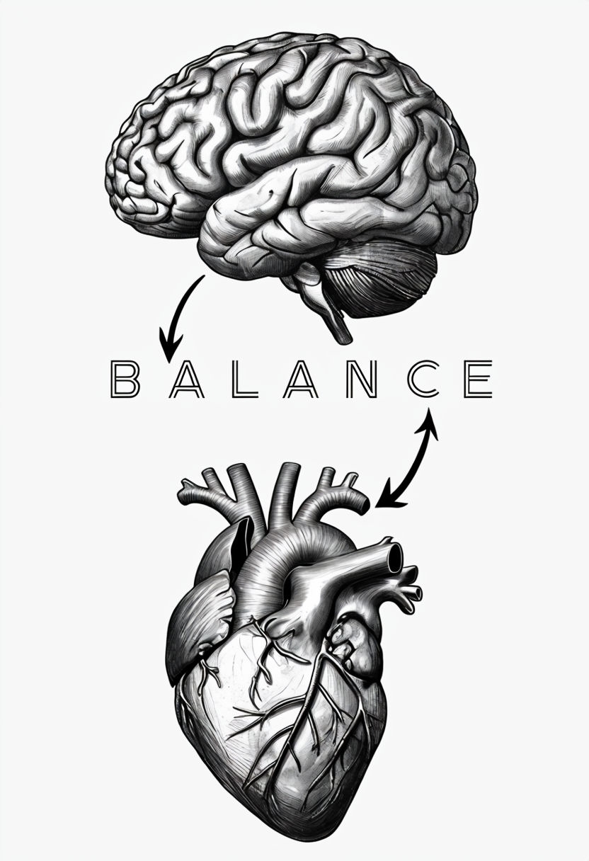 Minimalist Black and White Brain Heart Balance Illustration Poster