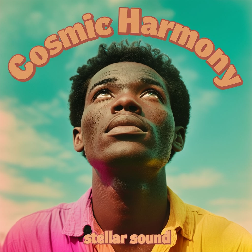 Cosmic Harmony Retro Pop Art with Dreamy Sky Background Spotify Album Cover