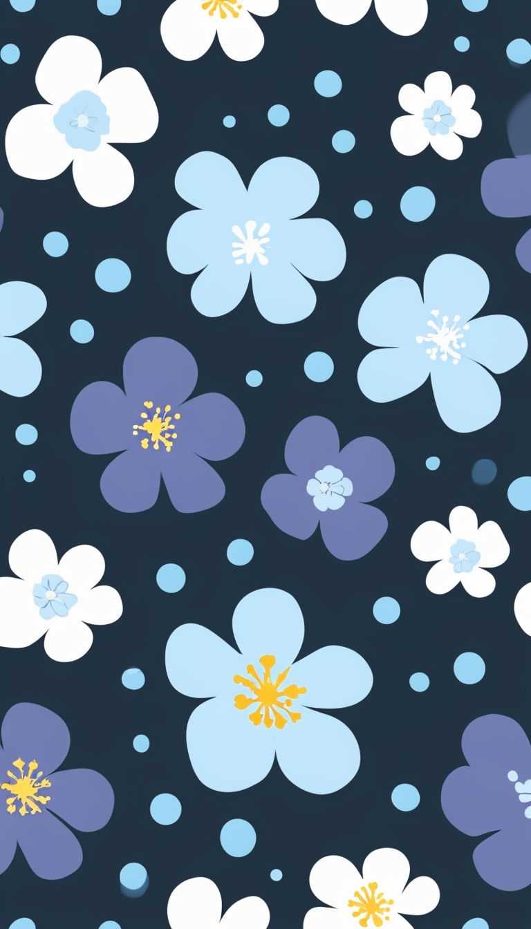 Playful Floral and Polka Dot Pattern on Dark Navy Background Mobile Wallpaper