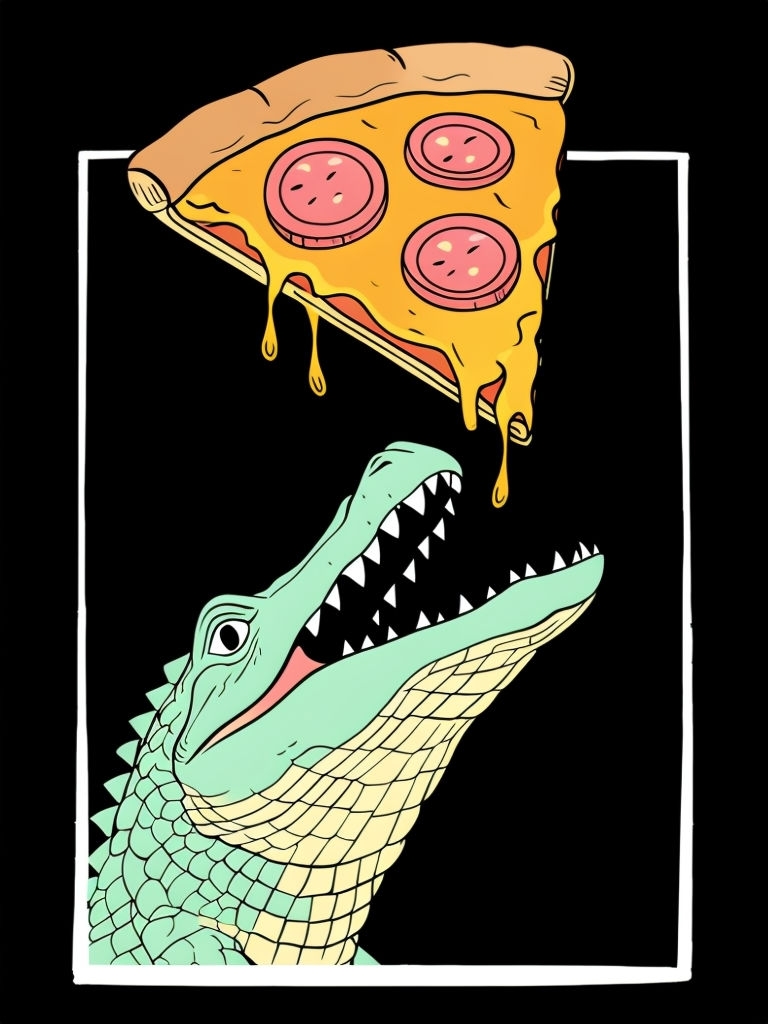 Mint Green Alligator with Pizza Cartoon T-Shirt