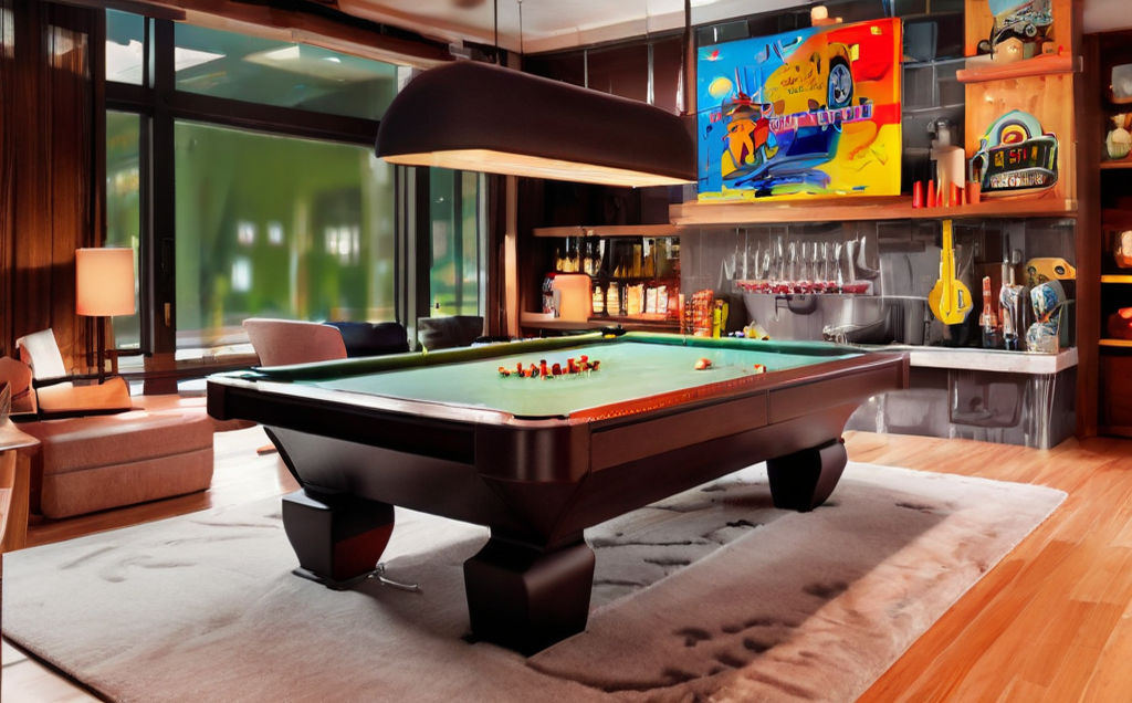 Living room with a bar and a children’s board game table by Emilio