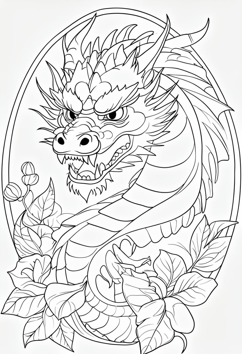 Intricate Dragon and Floral Motifs Coloring Book Page