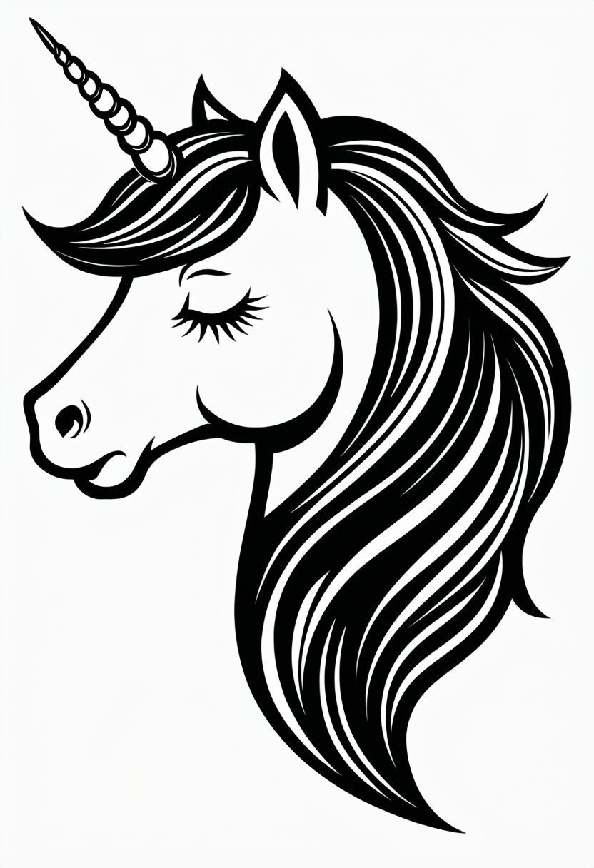 Serene Black and White Unicorn Head Cartoon Illustration Coloring Book Pages